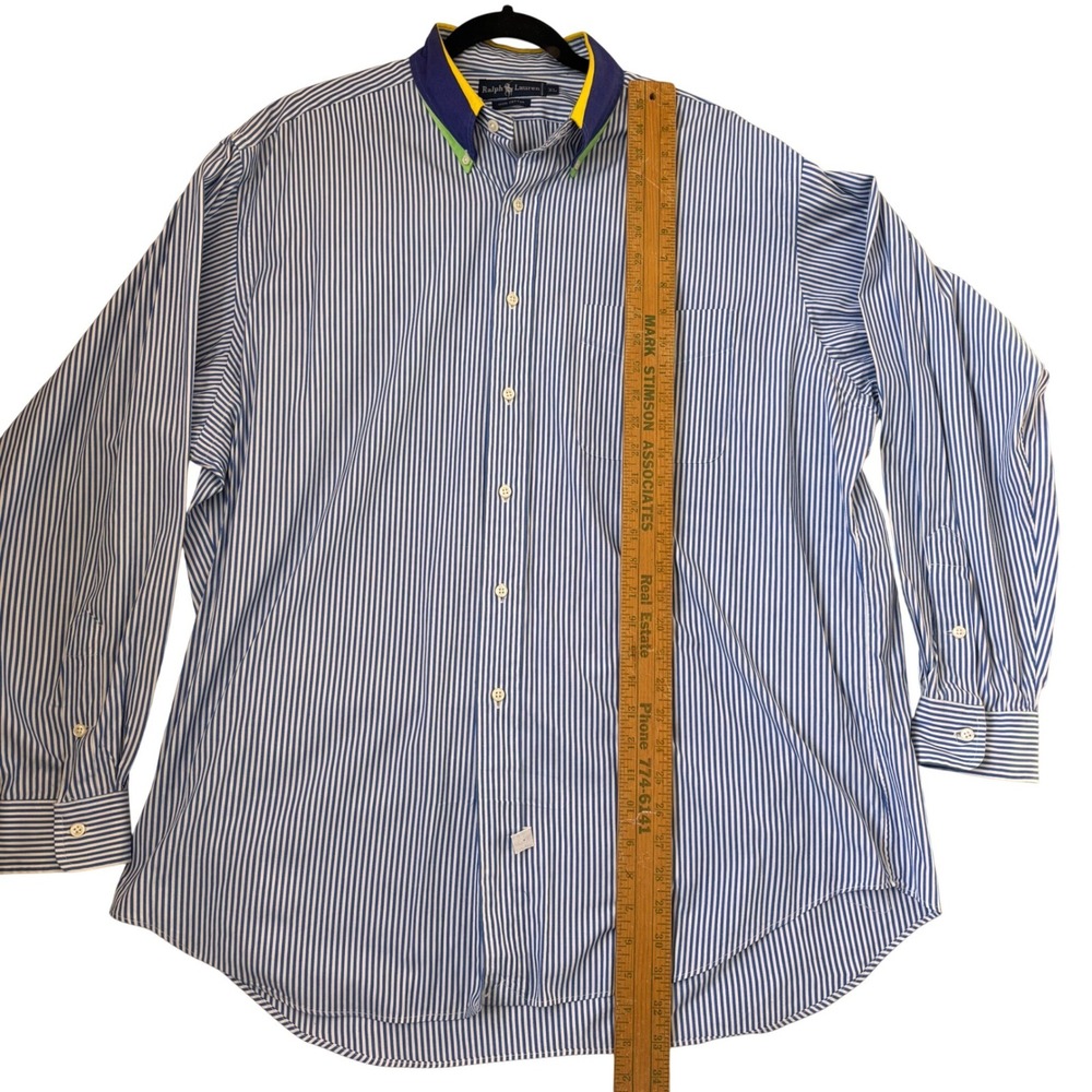 Ralph Lauren Mens Shirt Long Sleeve XL Blue White Striped Colorblock Collar Vtg